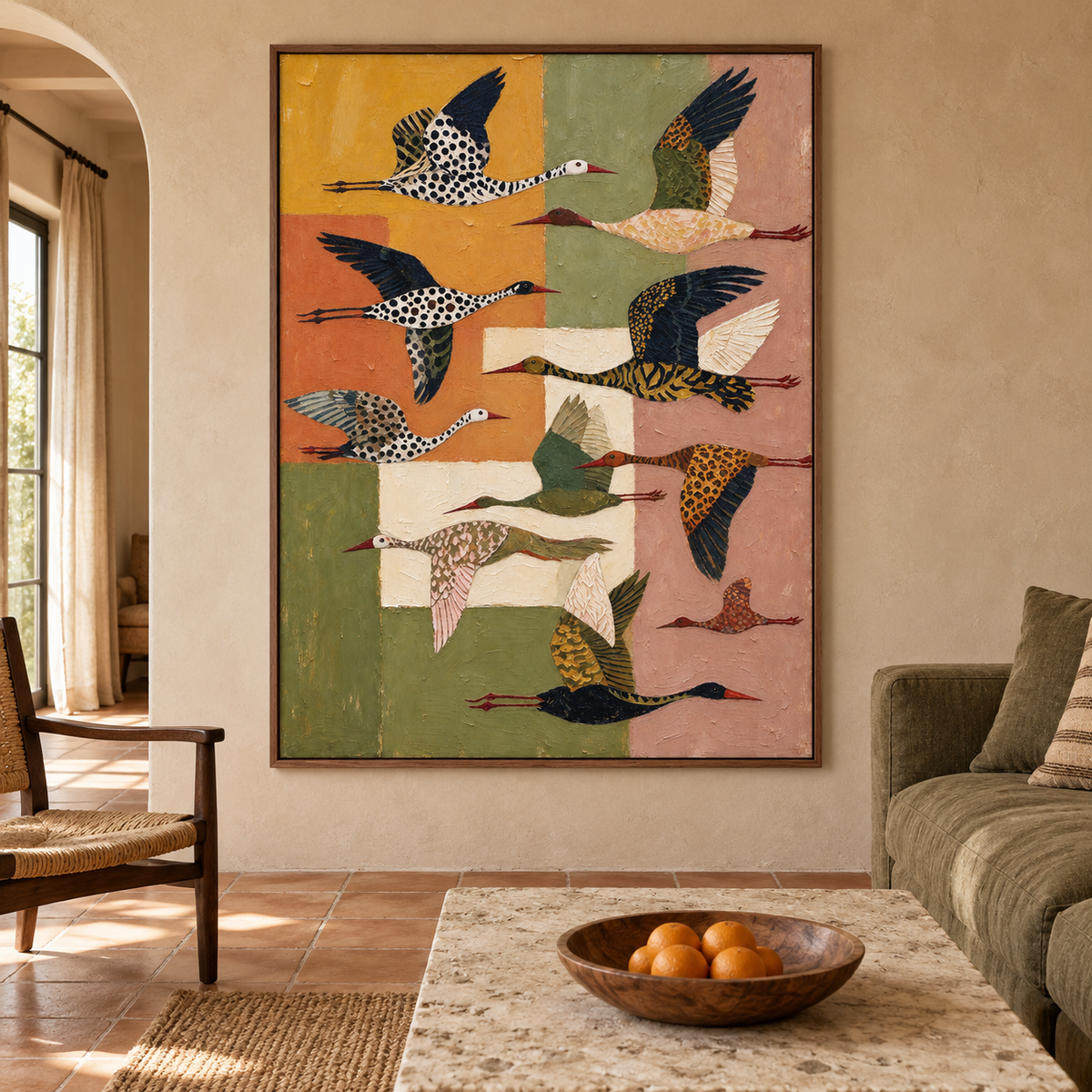 Spotted and striped flying birds over ochre, burnt orange, olive green, cream, and dusty rose blocks, in a Mediterranean-style living room.