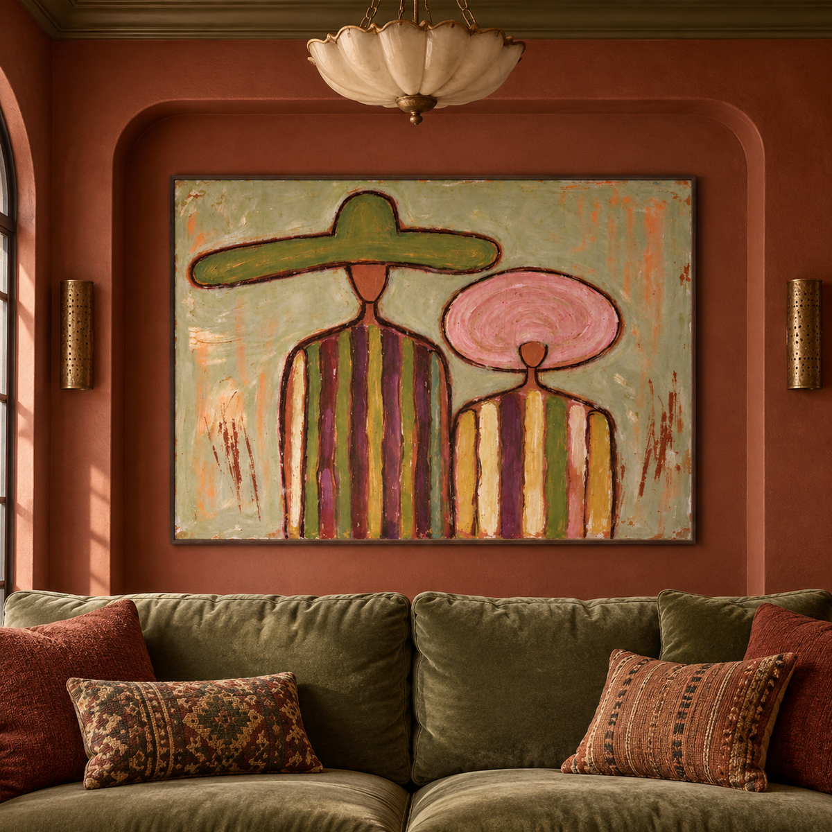 Two faceless figures in green and pink hats with wide multicolored stripes on their shirts, shown in a vintage living room.