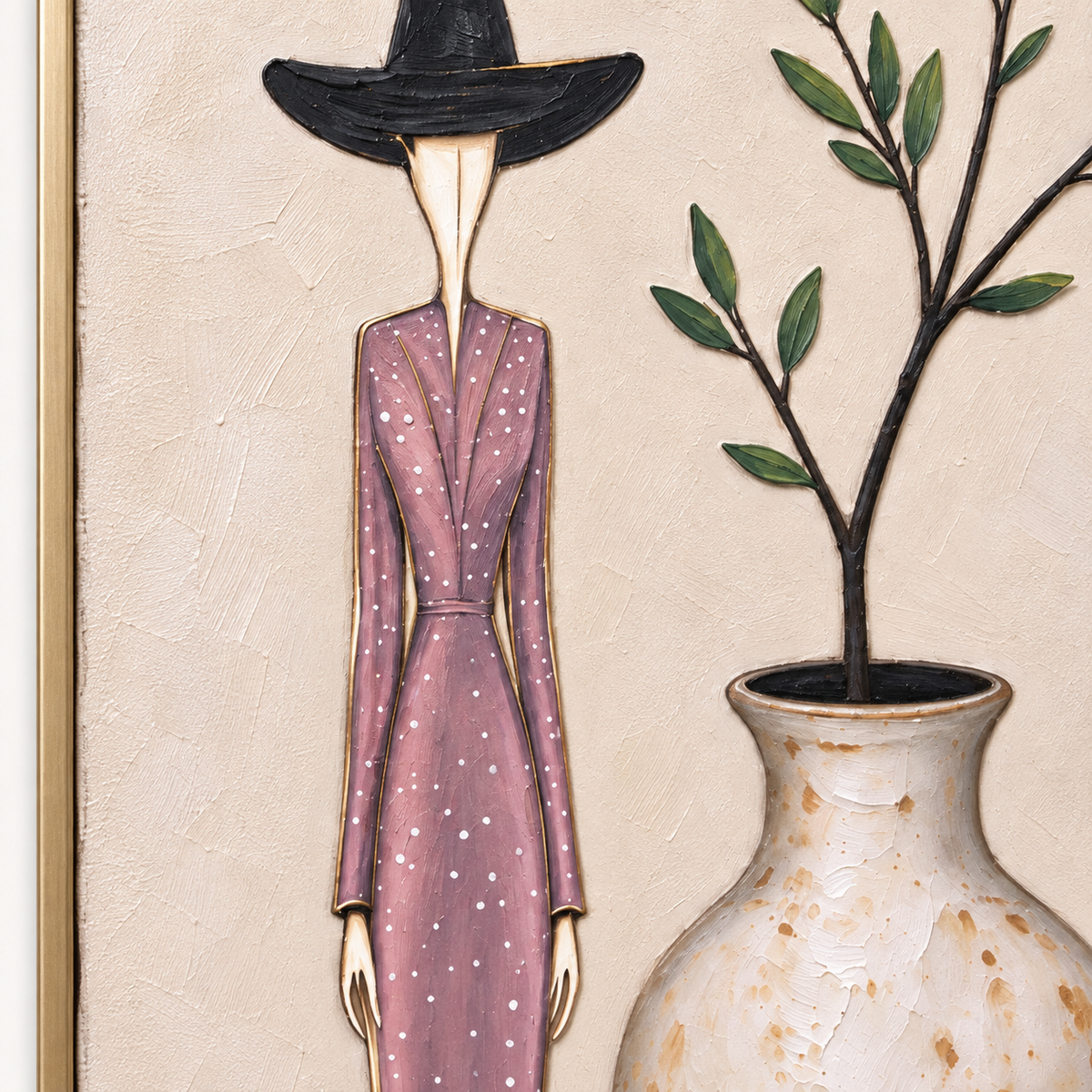 A tall woman in a mauve polka-dot suit and black hat beside a rounded vase with a leafy branch, close-up of the painted composition.