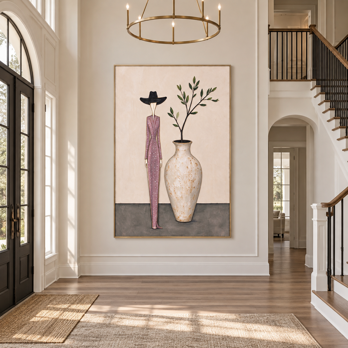 A tall woman in a mauve polka-dot suit and black hat beside a rounded vase with a leafy branch, in a French modern entryway.