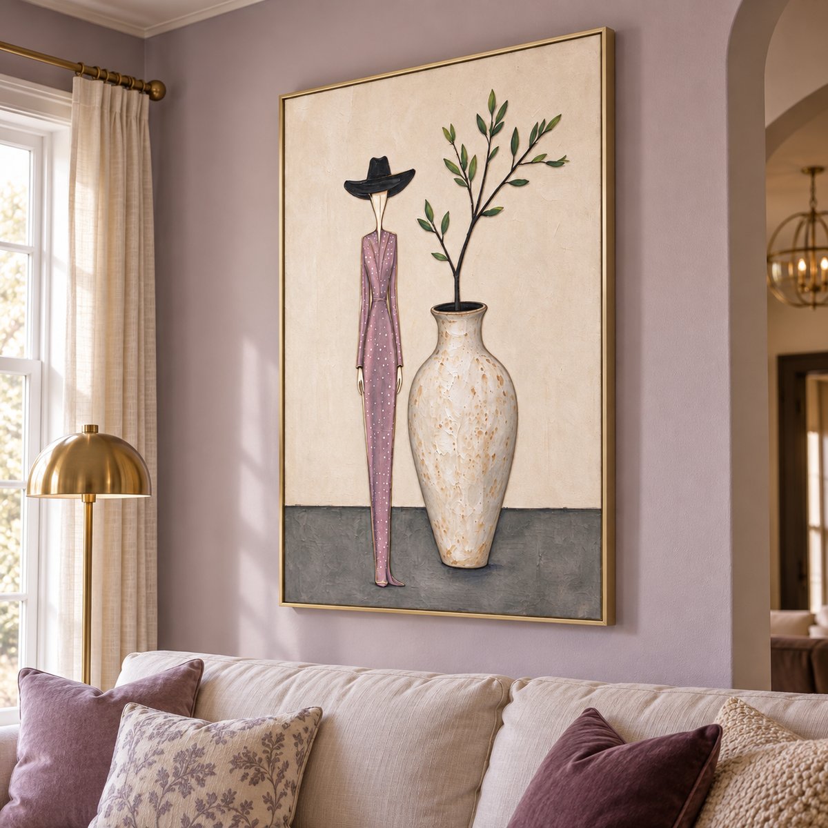 A tall woman in a mauve polka-dot suit and black hat beside a rounded vase with a leafy branch, shown from an angle in the room.