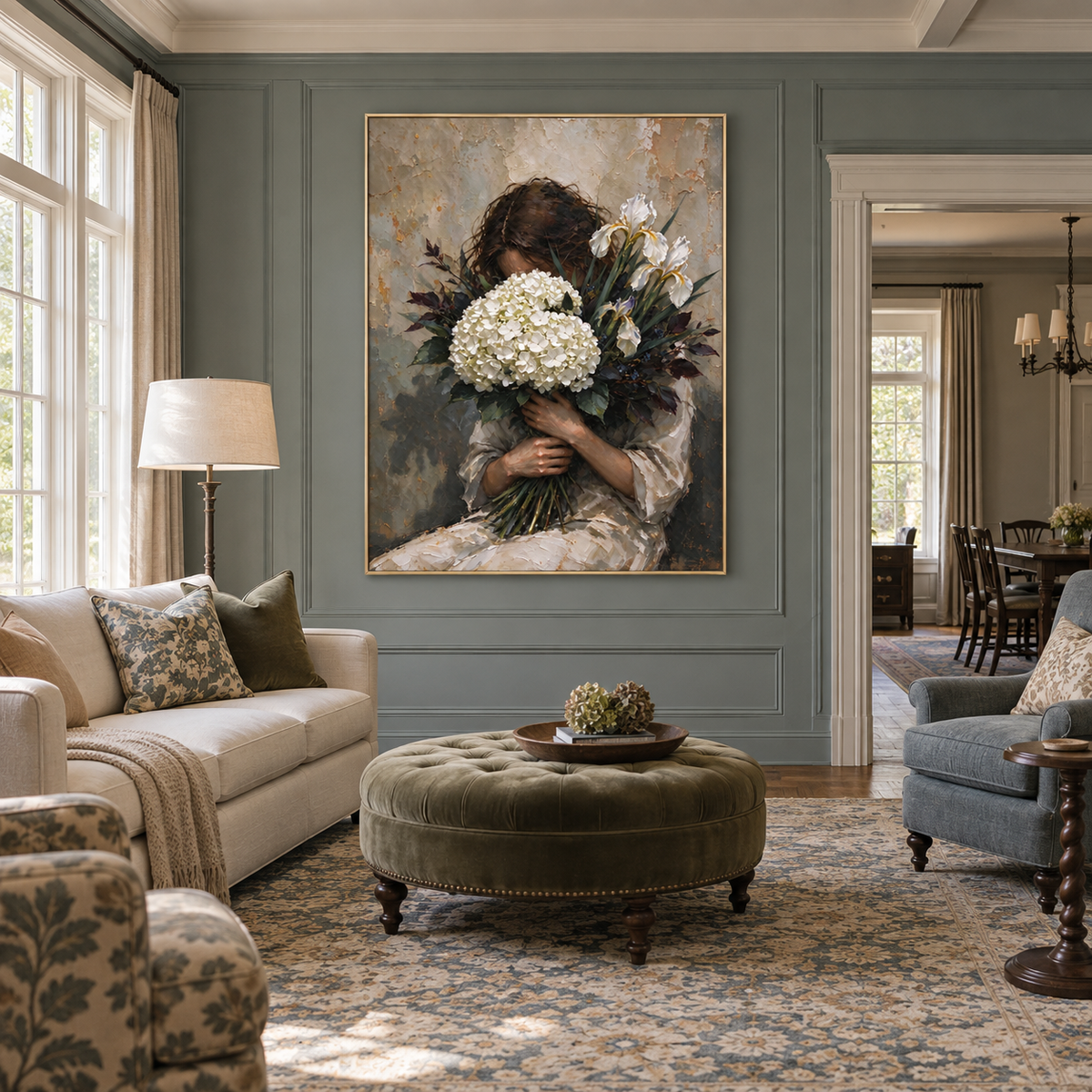 A seated woman embracing white hydrangeas and dark foliage that partly hide her face against a muted gray background, shown in a room setting.