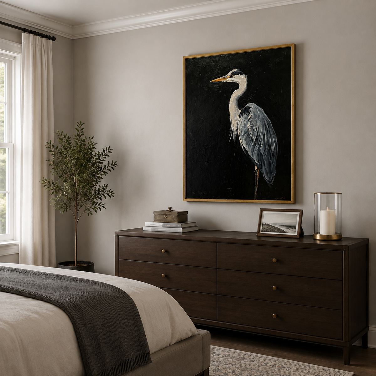 Gray blue heron with a pale curved neck and golden orange beak against black, shown from an angle in a bedroom.