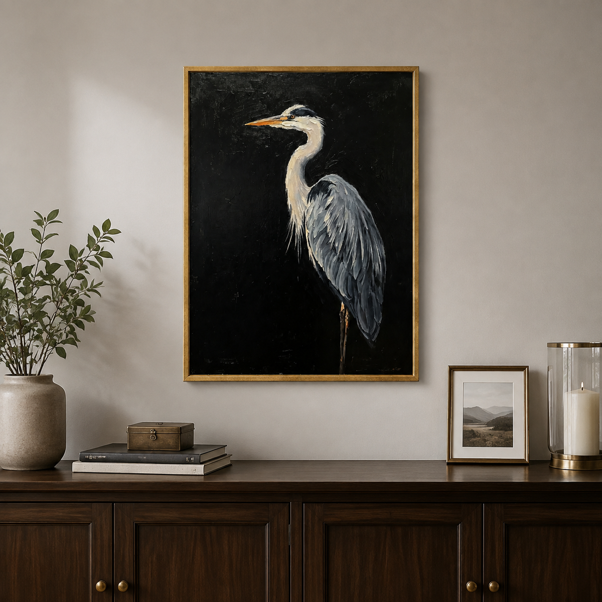 Gray blue heron with a pale curved neck and golden orange beak against black, in a dining room.