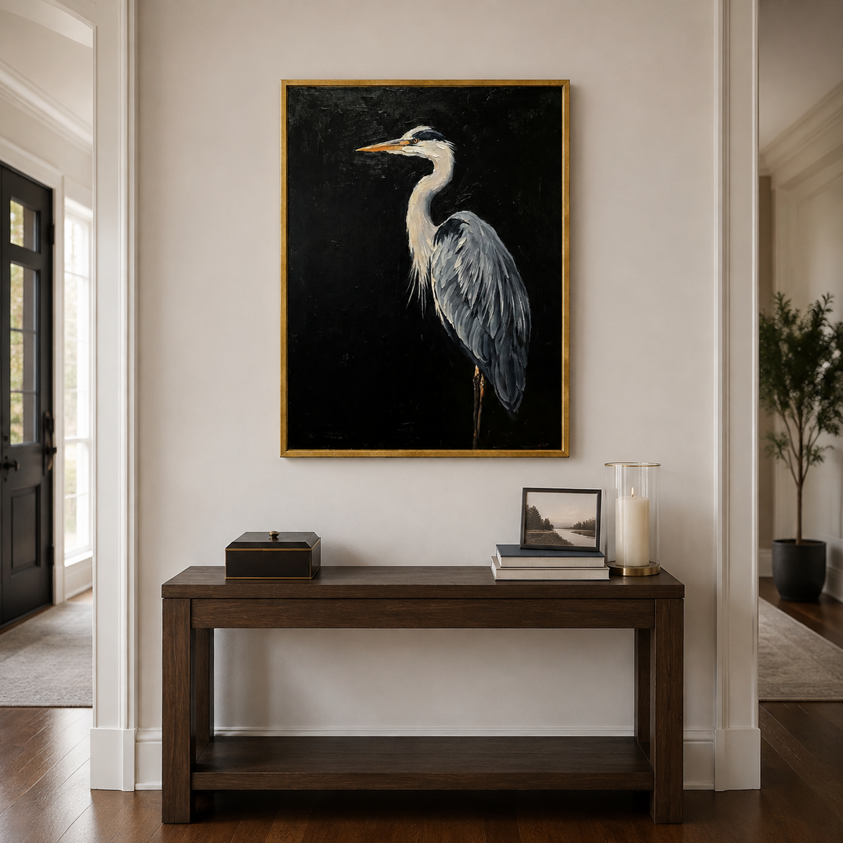 Gray blue heron with a pale curved neck and golden orange beak against black, in an entryway.