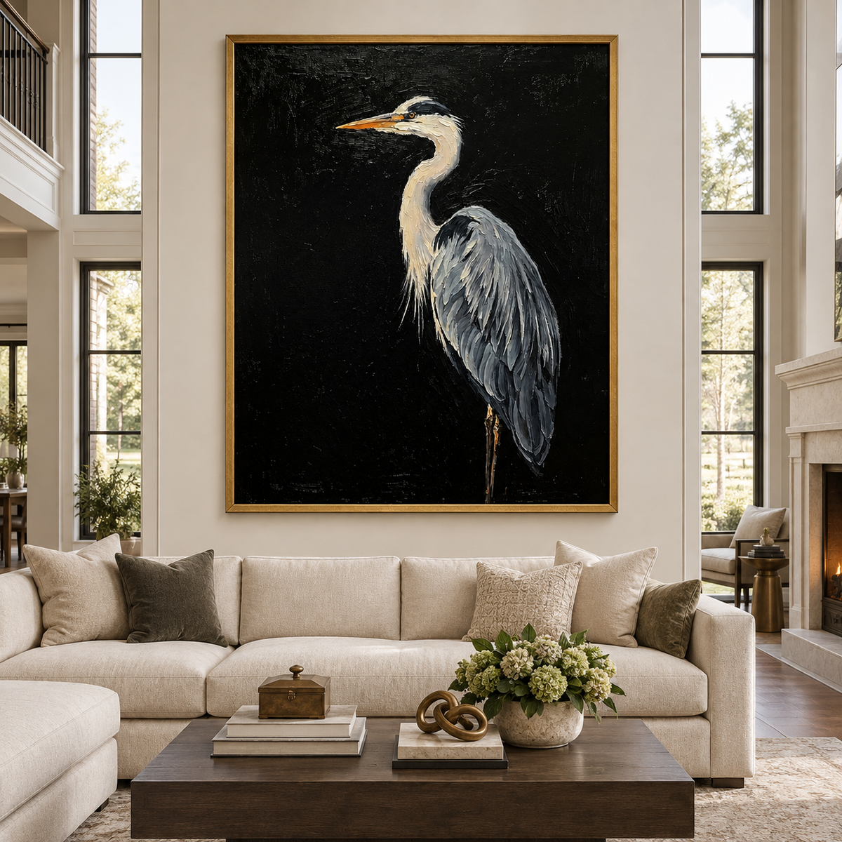 Gray blue heron with a pale curved neck and golden orange beak against black, in a large living room.
