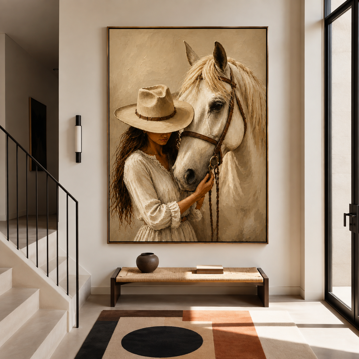Equestrian wall art featuring a cowgirl sharing a quiet moment with a white horse