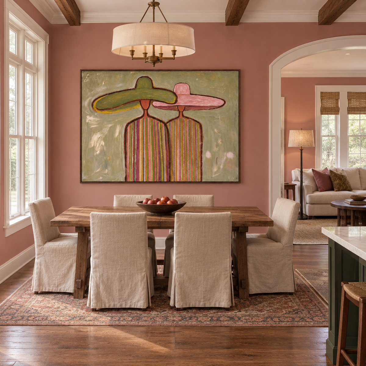 Two close-standing figures in green and pink hats with narrow colorful vertical stripes on their shirts, shown in a casual dining room.