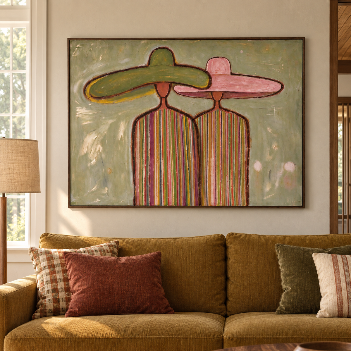 Two close-standing figures in green and pink hats with narrow colorful vertical stripes on their shirts, shown in a midcentury living room.