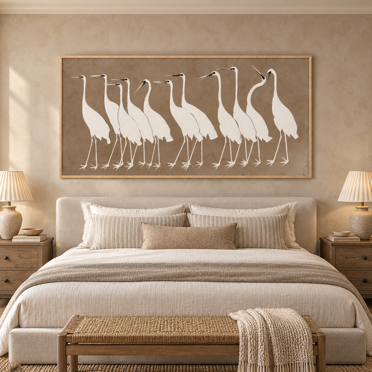 A row of white egrets with long slim legs, curved necks and small dark bills against a plain warm taupe background, in a bedroom.
