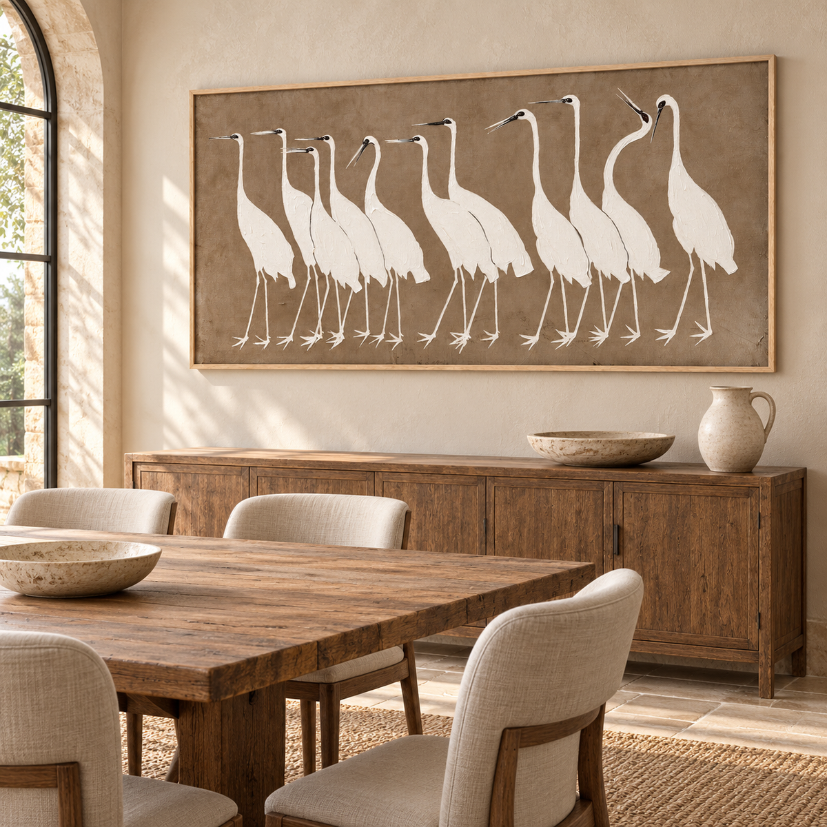 A row of white egrets with long slim legs, curved necks and small dark bills against a plain warm taupe background, shown from an angle in a dining room.