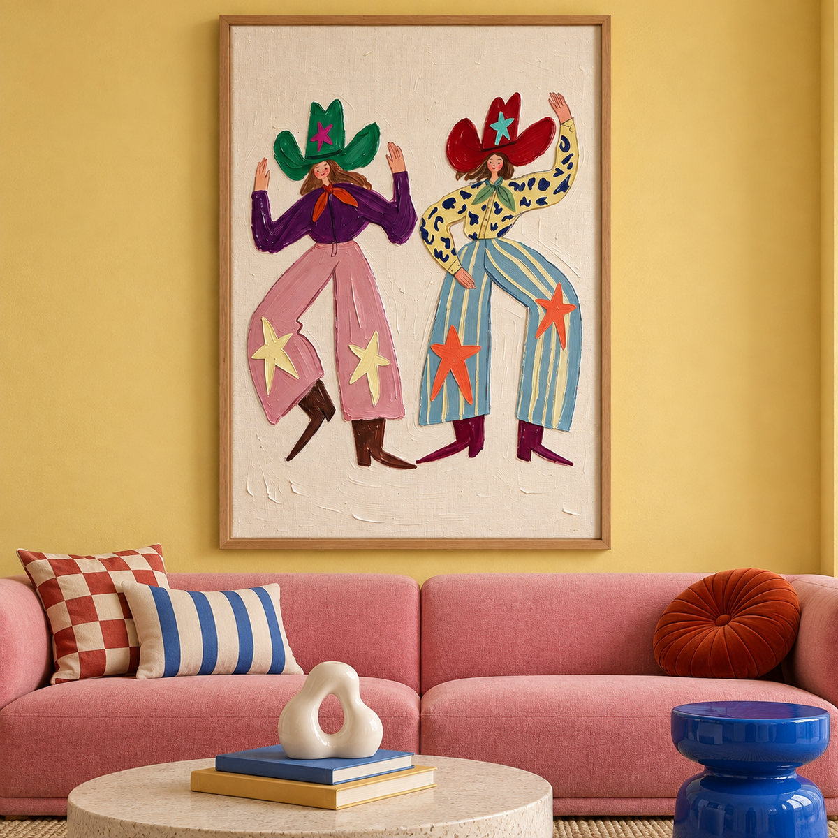 Two smiling cowgirls dancing with raised arms in oversized green and red star-decorated hats, pink and blue patterned pants and pointed boots on a cream background, shown in room setting 1.
