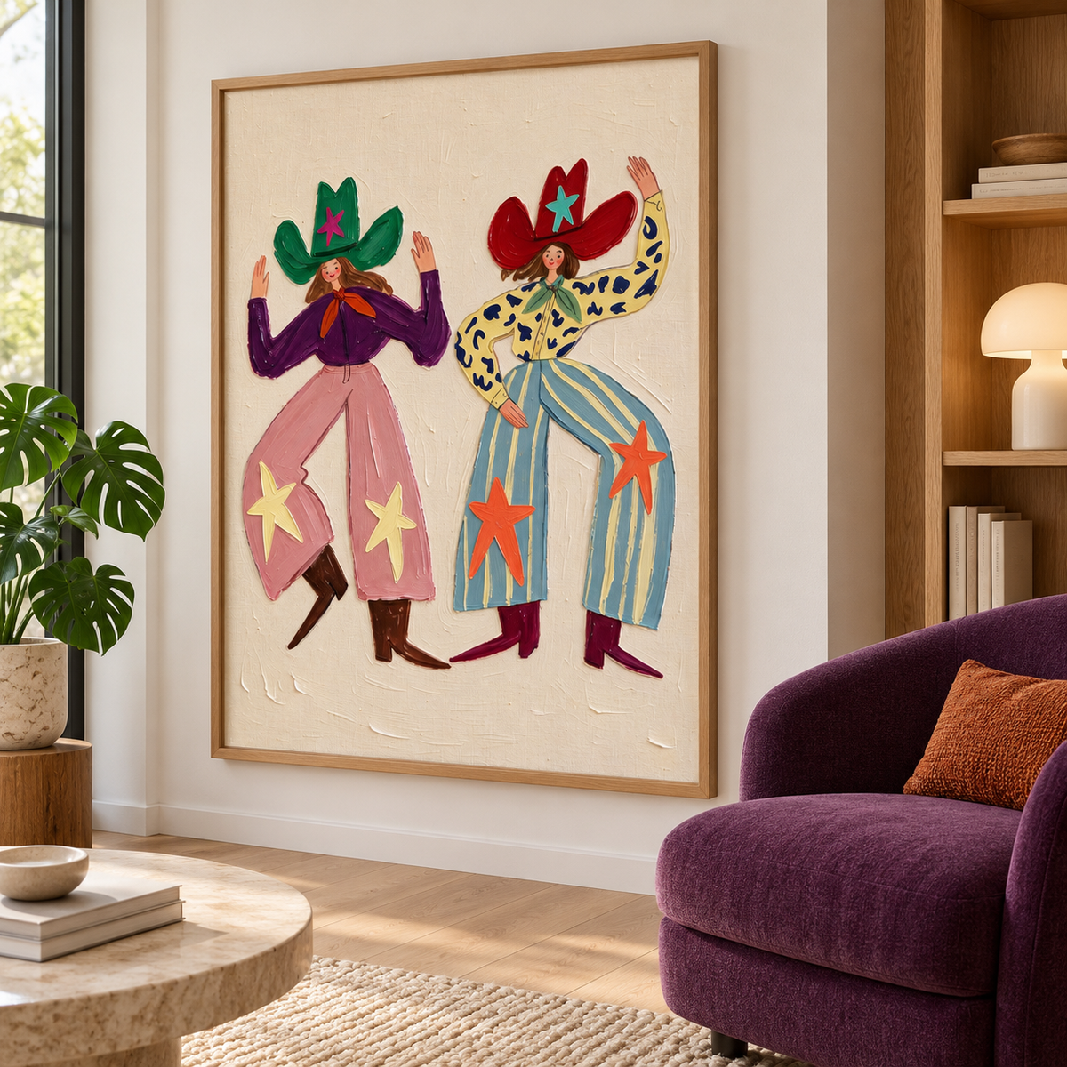 Two smiling cowgirls dancing with raised arms in oversized green and red star-decorated hats, pink and blue patterned pants and pointed boots on a cream background, shown in room setting 5.