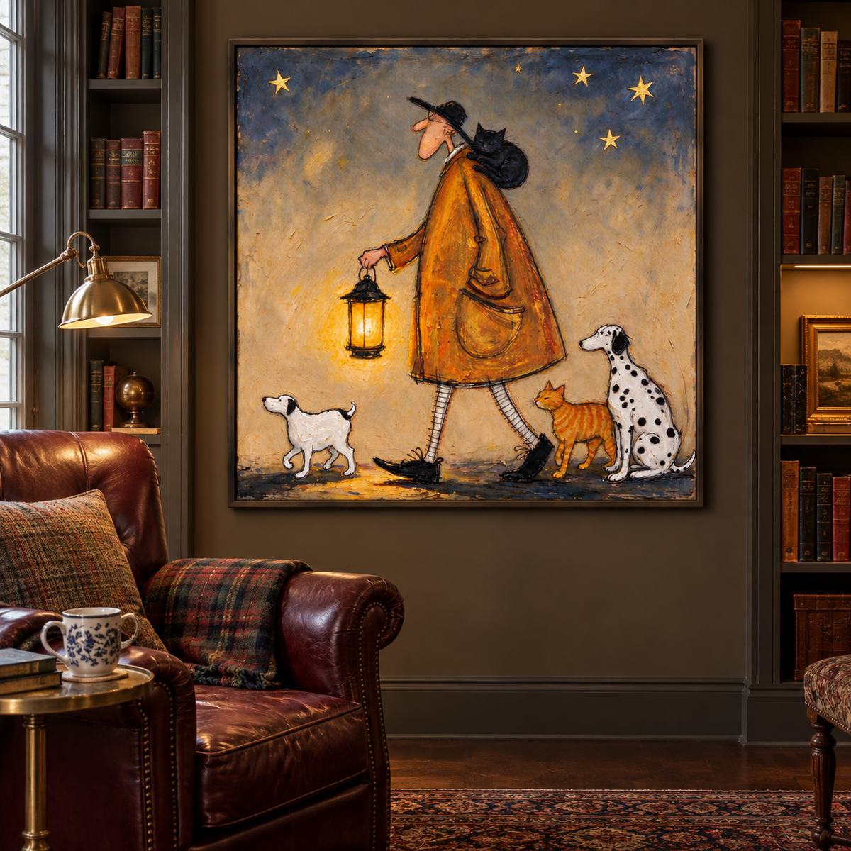 A man in an orange coat holding a glowing lantern at night with a black cat on his shoulder, a white dog ahead, and an orange cat and Dalmatian beside him under gold stars, shown in room setting 1.