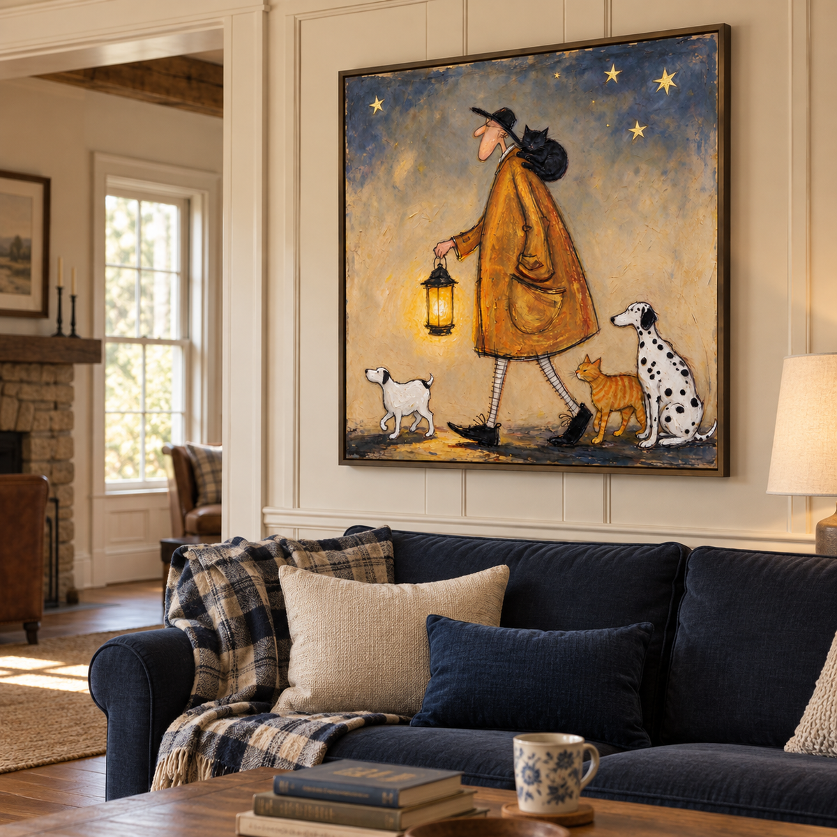 A man in an orange coat holding a glowing lantern at night with a black cat on his shoulder, a white dog ahead, and an orange cat and Dalmatian beside him under gold stars, shown in room setting 4.
