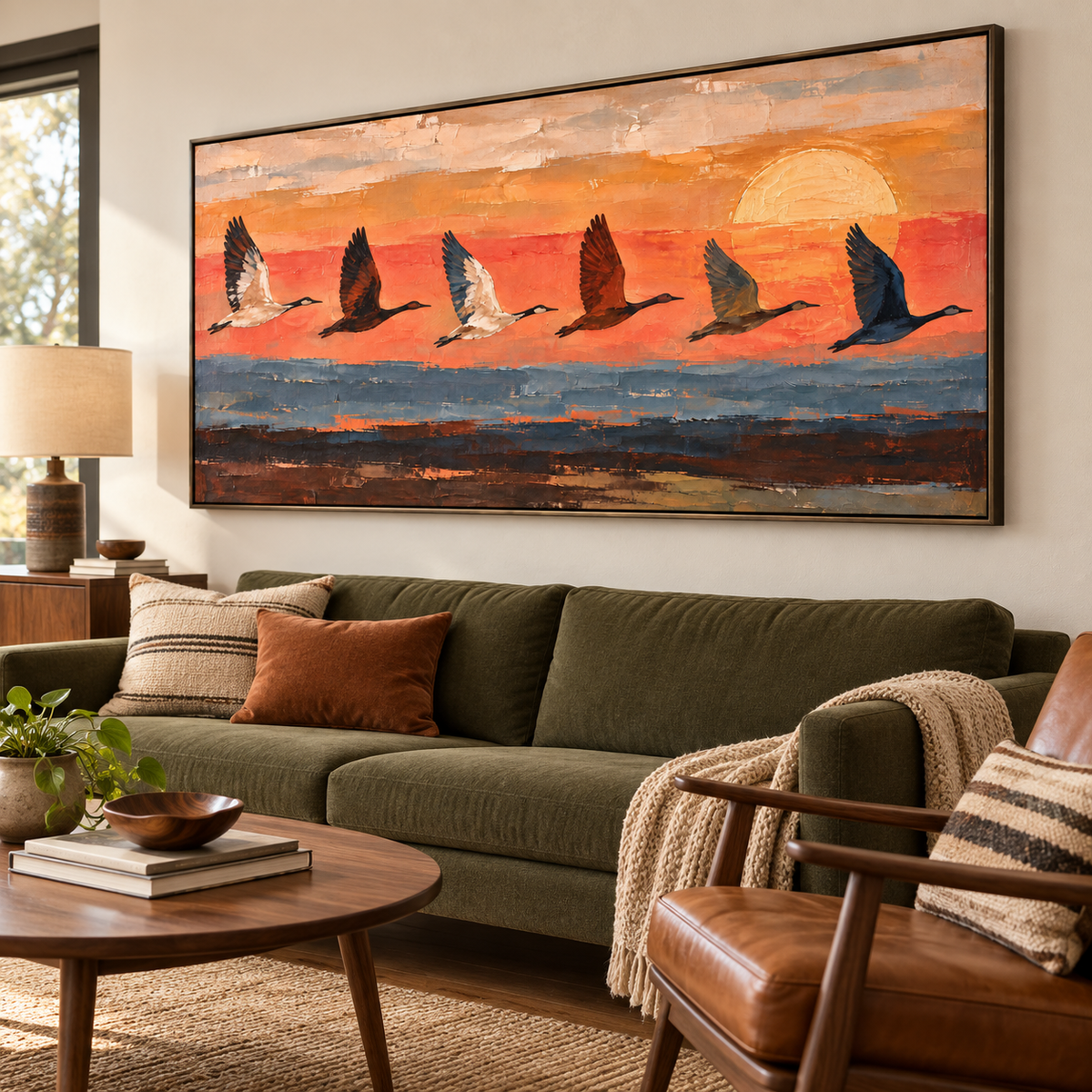 Six long-necked birds flying across an orange sunset above blue and dark earth-colored bands, shown from an angle in a living room.
