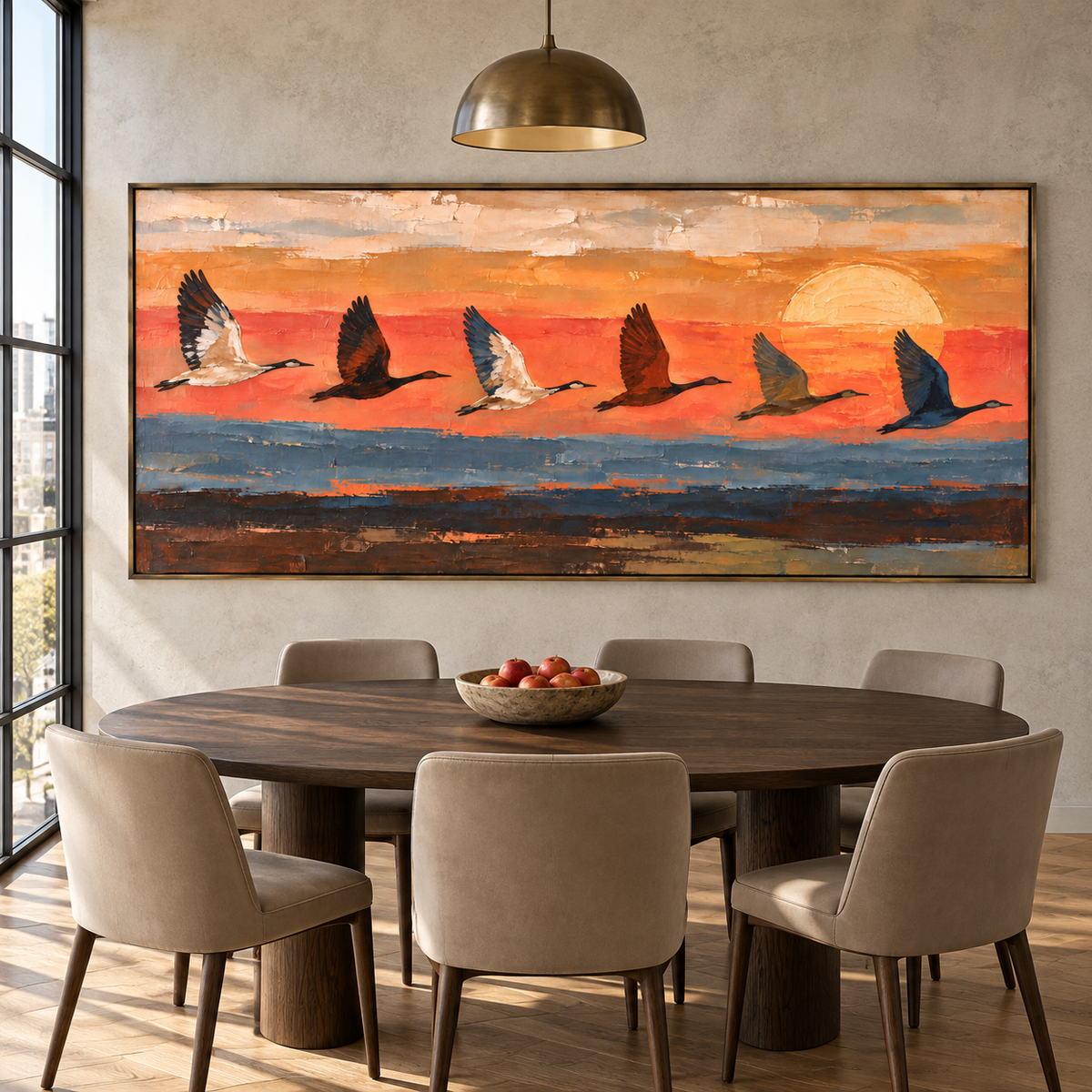 Six long-necked birds flying across an orange sunset above blue and dark earth-colored bands, in an urban modern dining room.
