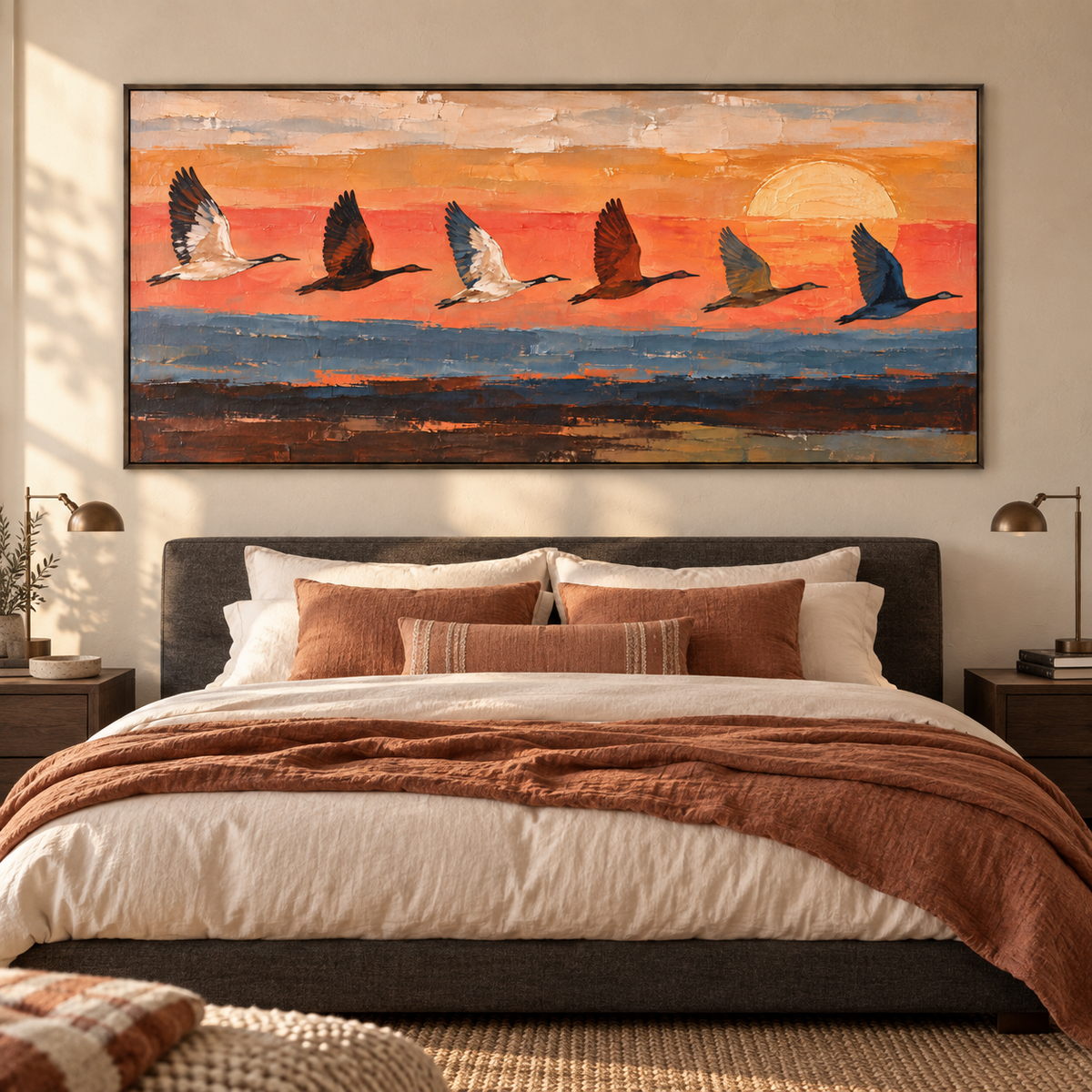 Six long-necked birds flying across an orange sunset above blue and dark earth-colored bands, above a bed in a warm modern bedroom.