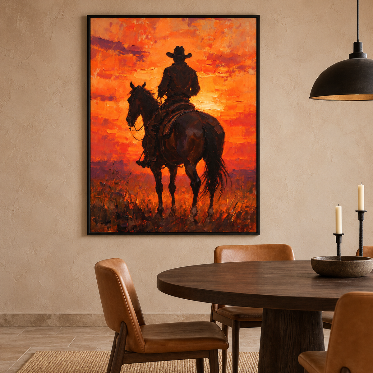 A lone cowboy on horseback, viewed from behind, stands against a vivid orange and red sunset with dark brown and near-black silhouette shapes., on a dining room wall.