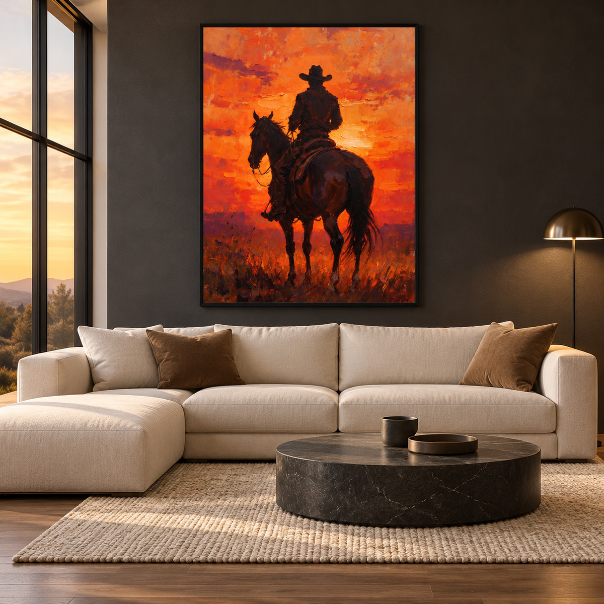 A lone cowboy on horseback, viewed from behind, stands against a vivid orange and red sunset with dark brown and near-black silhouette shapes., in a living room.