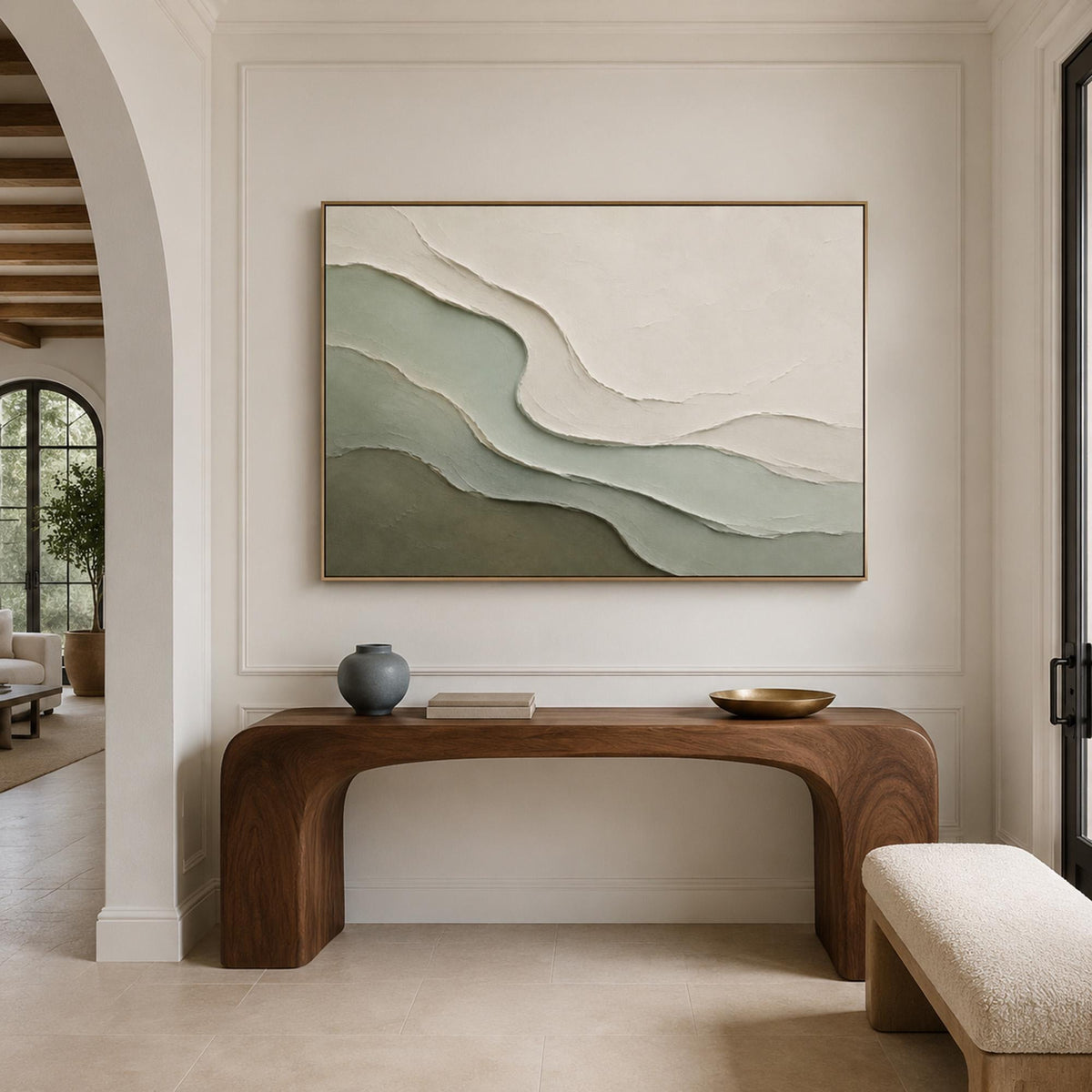 Flowing layered contours in sage green, olive and warm ivory forming an abstract hillside composition, shown in room setting 1.