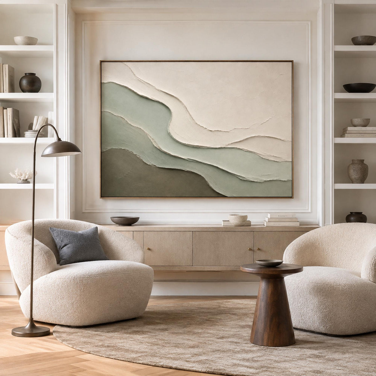 Flowing layered contours in sage green, olive and warm ivory forming an abstract hillside composition, shown in room setting 2.