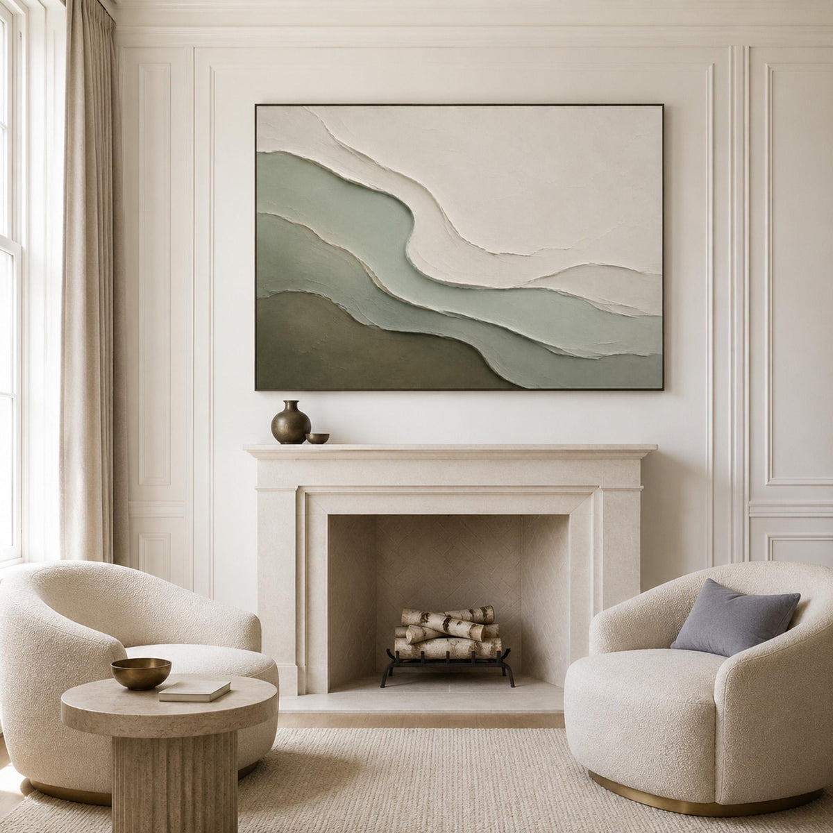 Flowing layered contours in sage green, olive and warm ivory forming an abstract hillside composition, shown in room setting 5.