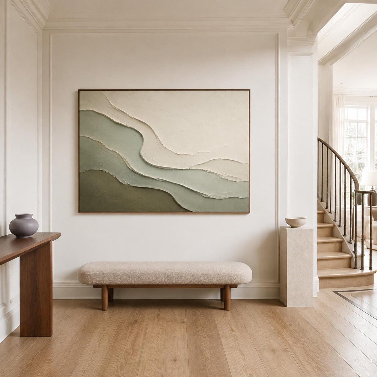 Flowing layered contours in sage green, olive and warm ivory forming an abstract hillside composition, shown in room setting 6.