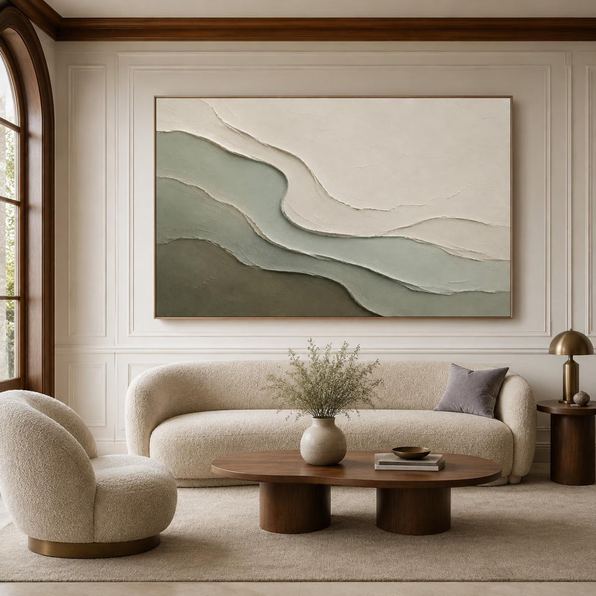Flowing layered contours in sage green, olive and warm ivory forming an abstract hillside composition, shown in room setting 7.