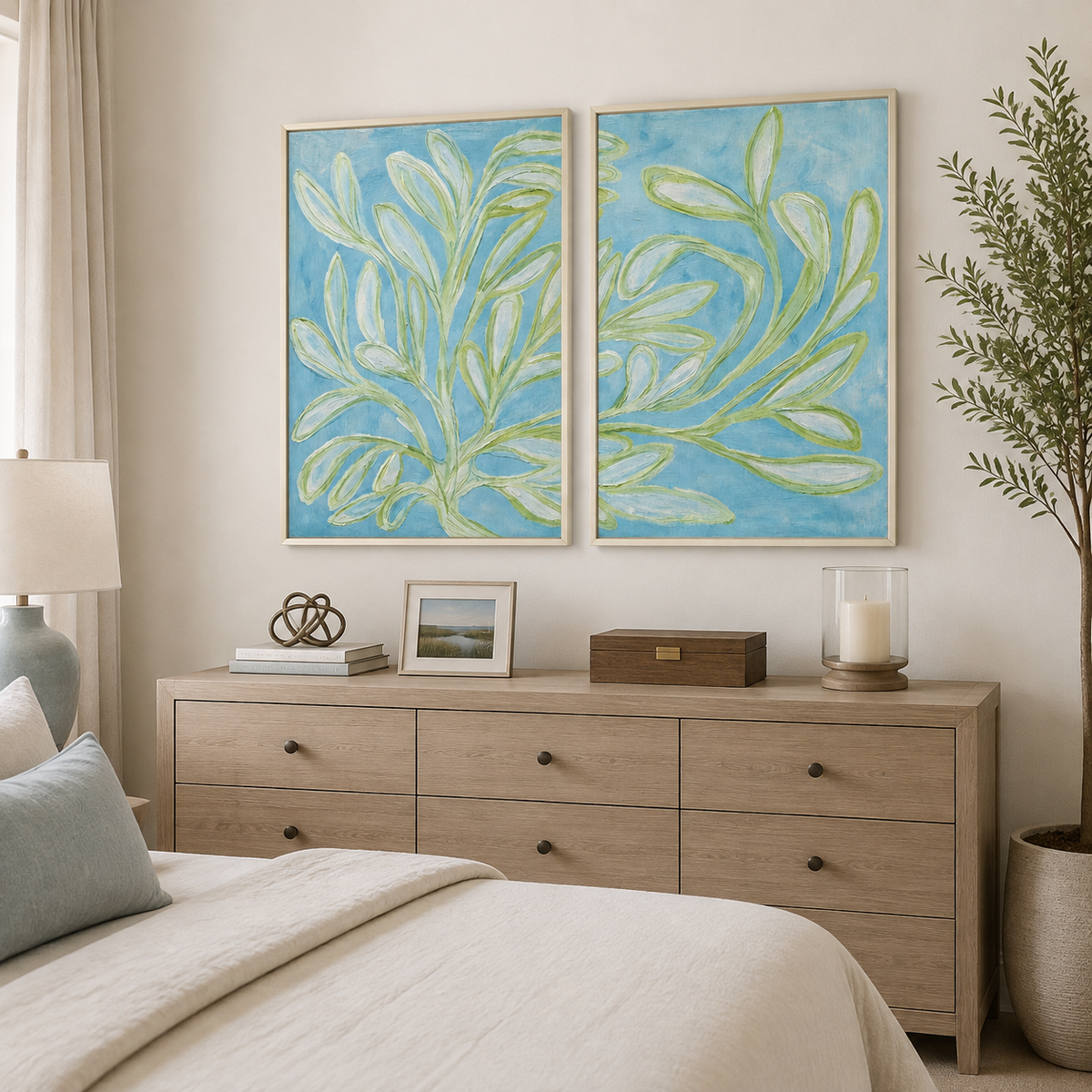 Long green leaves and slender branches across two pale blue panels, shown from an angle in a bedroom.