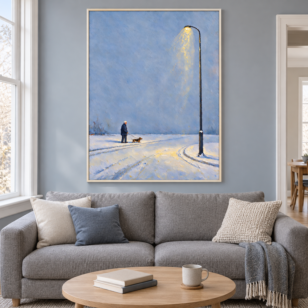 A silver-haired man in a dark blue coat walking a small brown dog on snowy ground beneath an open blue sky and a tall curved streetlamp glowing yellow, shown in room setting 1.
