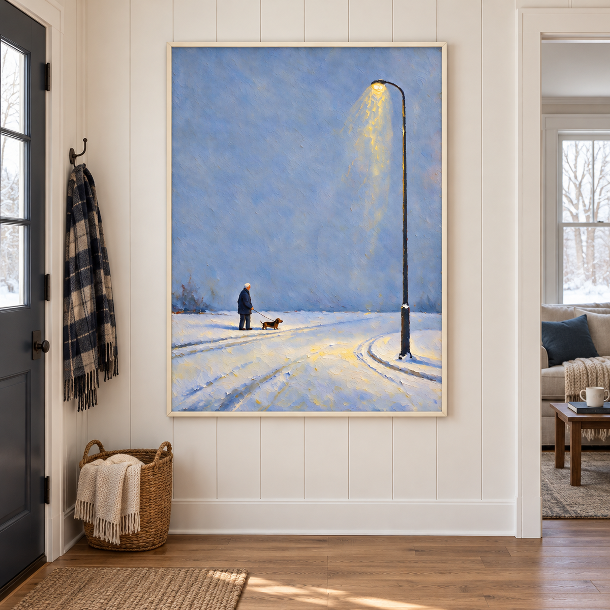 A silver-haired man in a dark blue coat walking a small brown dog on snowy ground beneath an open blue sky and a tall curved streetlamp glowing yellow, shown in room setting 2.