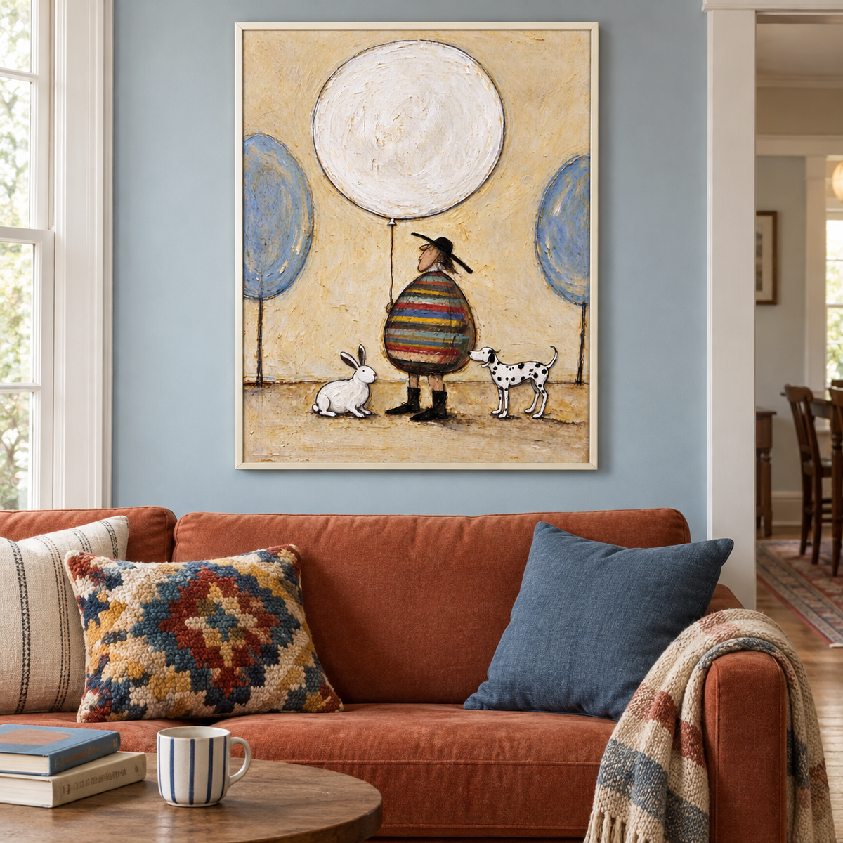 A round man in a multicolored striped coat holding a large white balloon with a white rabbit and a spotted dog beside him and blue circular trees behind, shown in room setting 1.