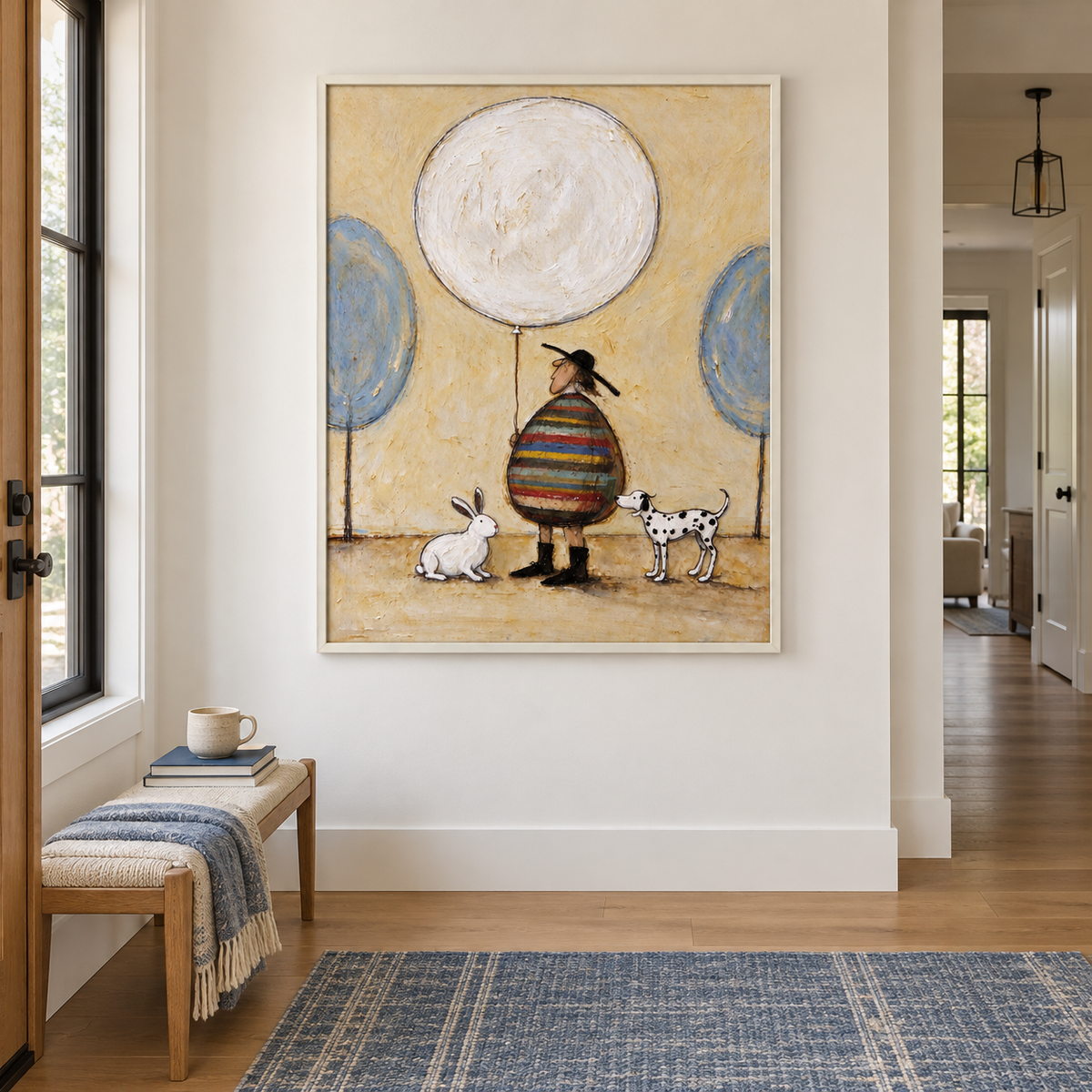 A round man in a multicolored striped coat holding a large white balloon with a white rabbit and a spotted dog beside him and blue circular trees behind, shown in room setting 2.