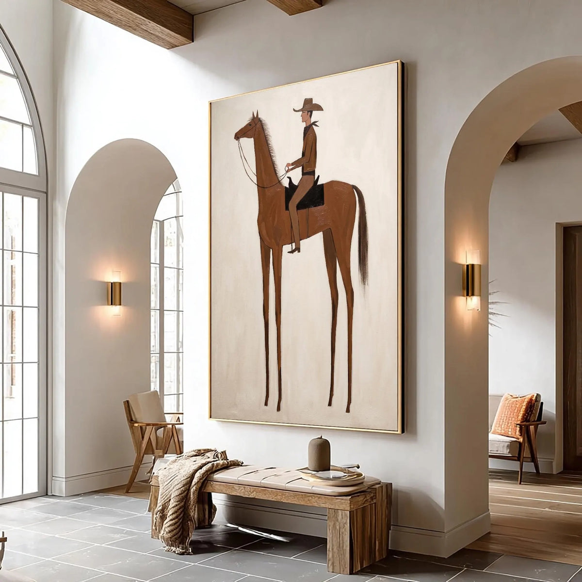 A tall slender chestnut horse with exaggerated long legs carrying a small hatted rider against a plain cream background, shown in room setting 2.