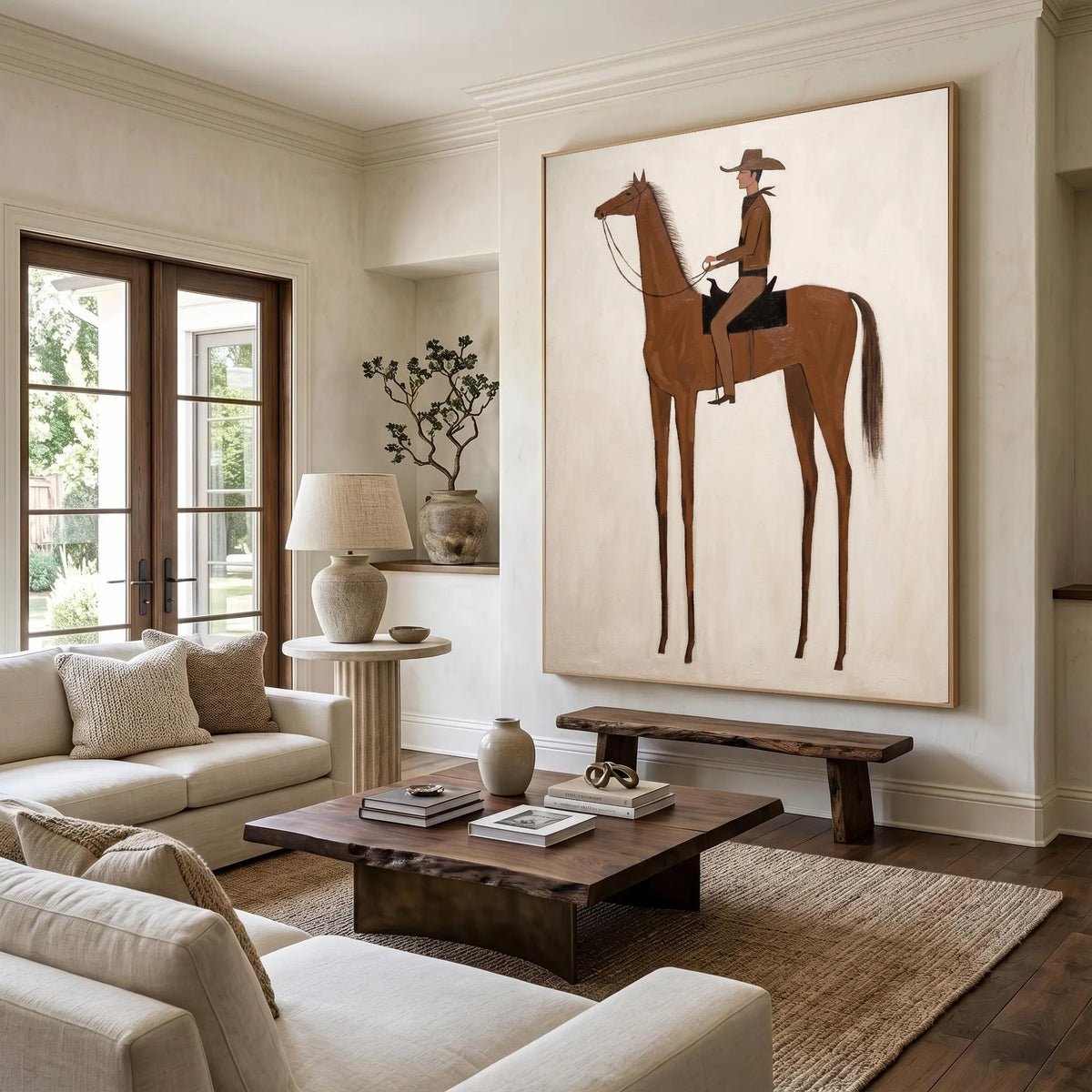 A tall slender chestnut horse with exaggerated long legs carrying a small hatted rider against a plain cream background, shown in room setting 3.