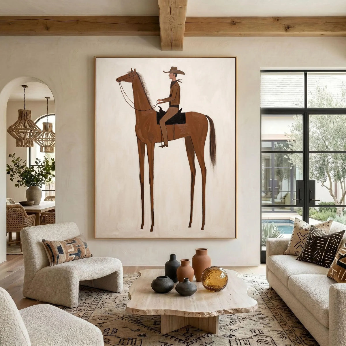 A tall slender chestnut horse with exaggerated long legs carrying a small hatted rider against a plain cream background, shown in room setting 4.