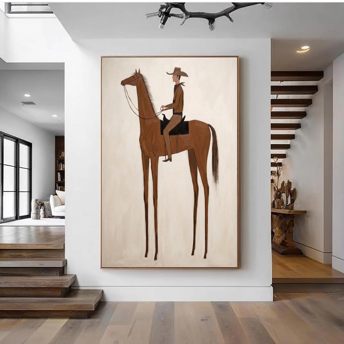 A tall slender chestnut horse with exaggerated long legs carrying a small hatted rider against a plain cream background, shown in room setting 6.