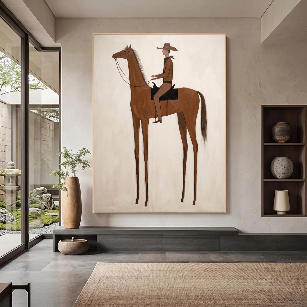 A tall slender chestnut horse with exaggerated long legs carrying a small hatted rider against a plain cream background, shown in room setting 7.