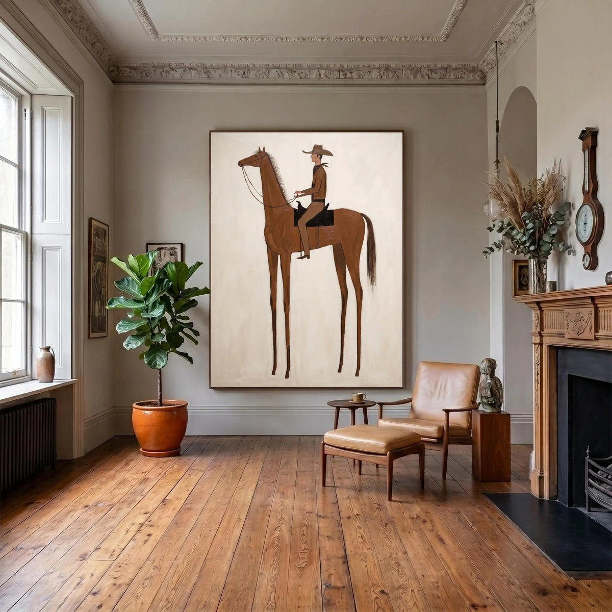 A tall slender chestnut horse with exaggerated long legs carrying a small hatted rider against a plain cream background, shown in room setting 8.
