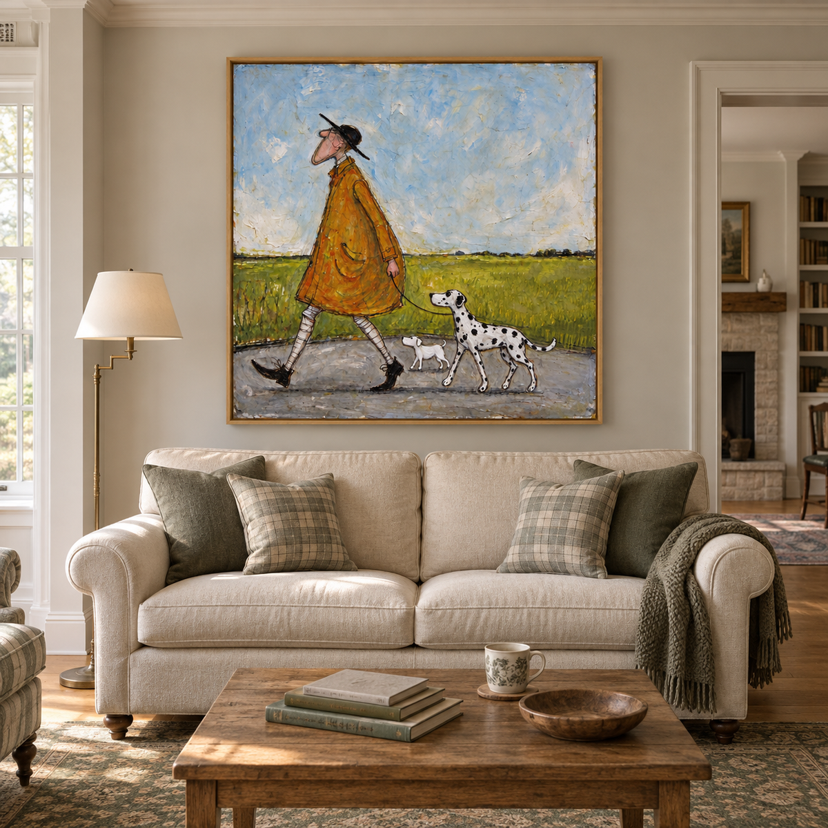 A long-nosed man in an ochre coat and black hat walking a Dalmatian and a small white dog beside a green field under a pale blue sky, shown in room setting 1.