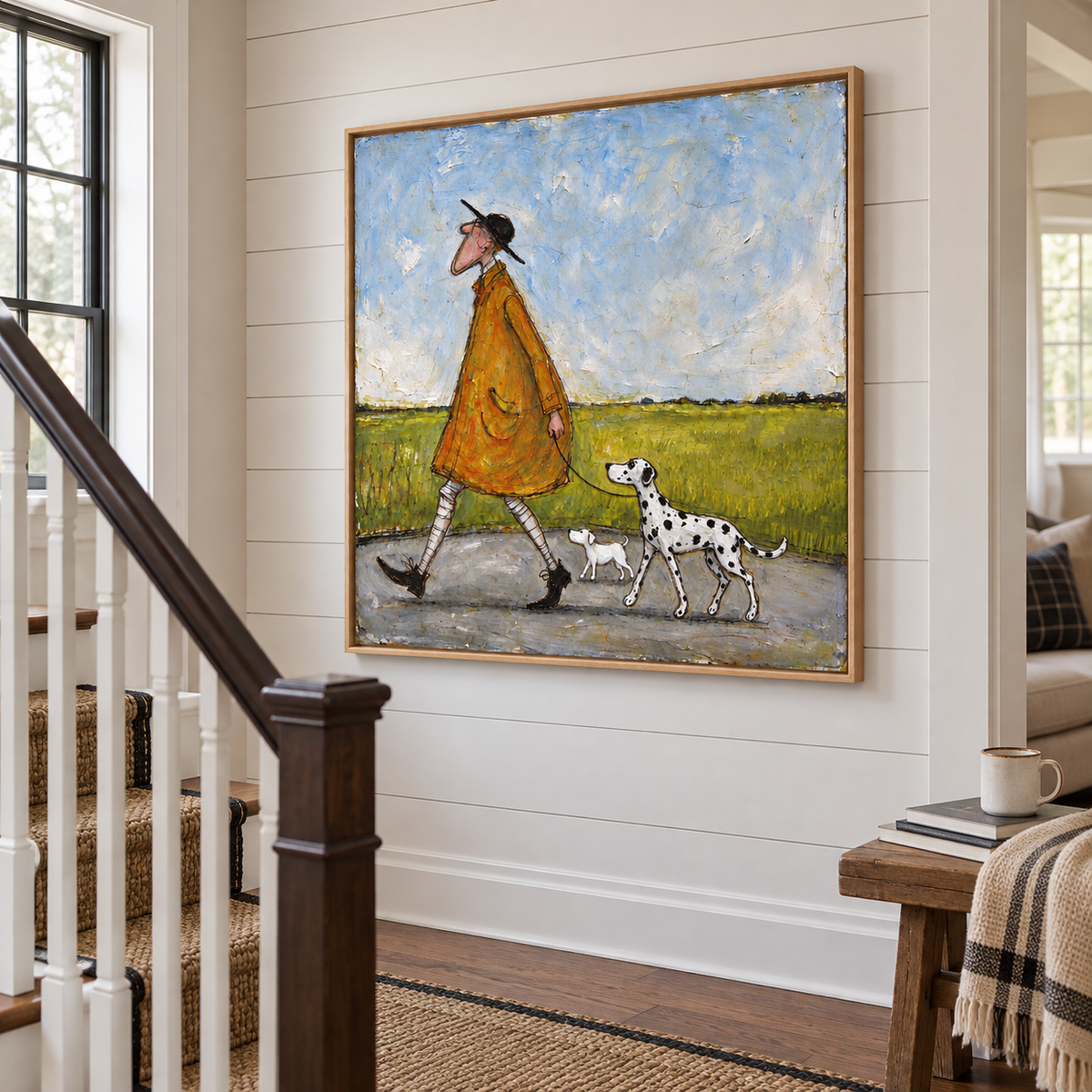 A long-nosed man in an ochre coat and black hat walking a Dalmatian and a small white dog beside a green field under a pale blue sky, shown in room setting 4.