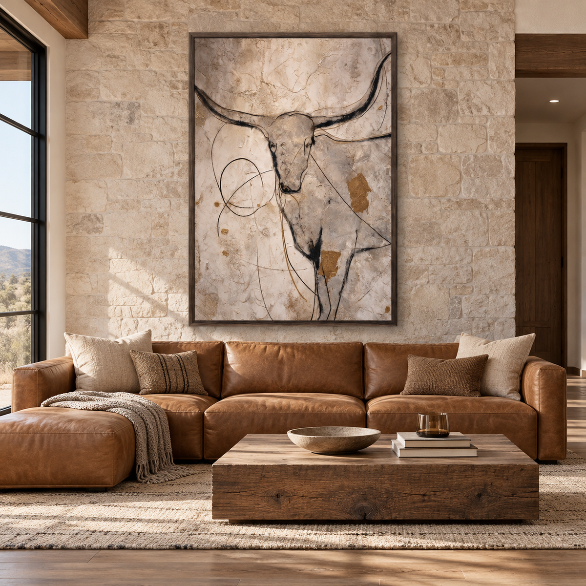 A single longhorn head fills a pale, loosely marked field. Its wide dark horns sweep out from a narrow face, with black contour lines and a few ochre patches over cream and beige., in a living room.