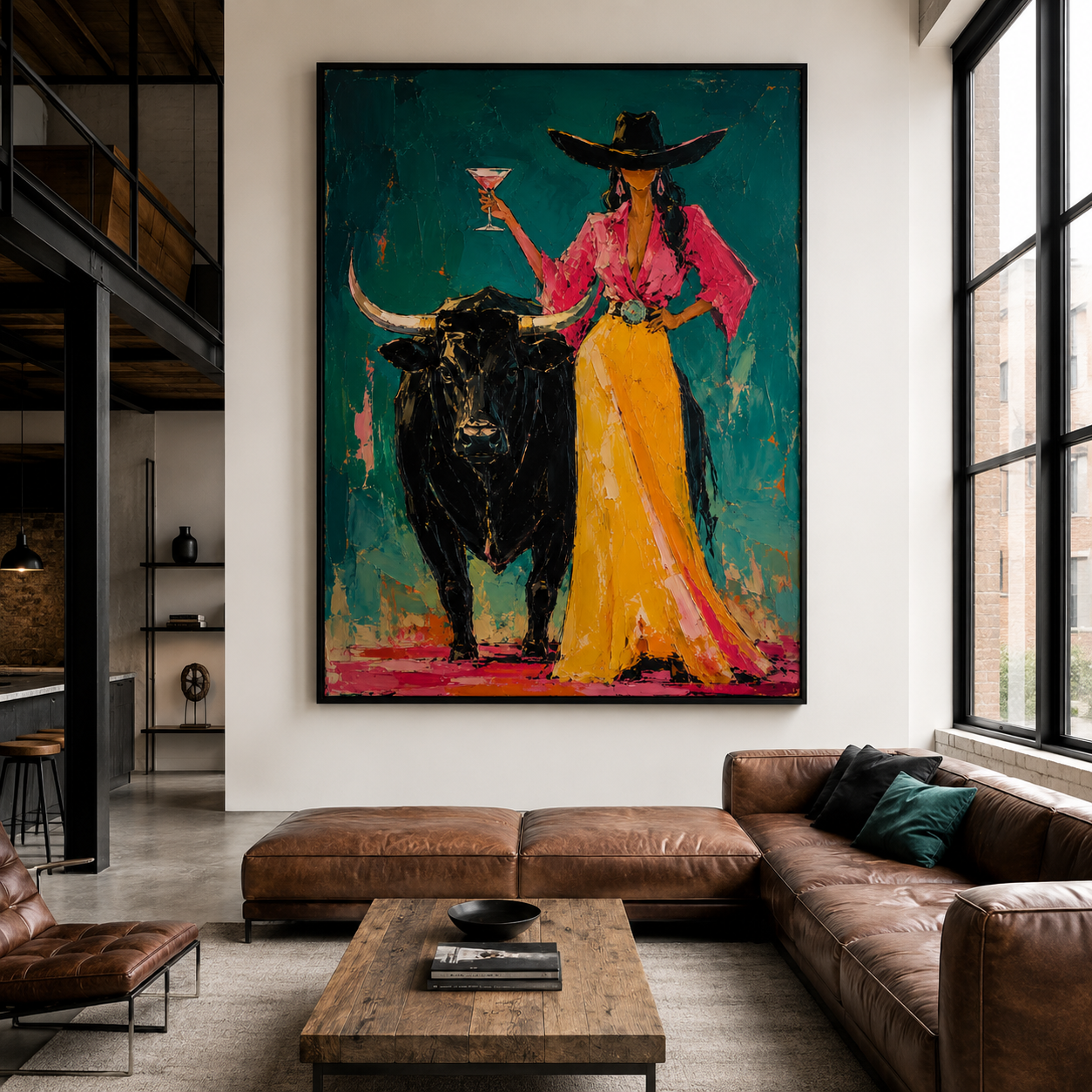 Modern Western wall art with woman holding a cocktail