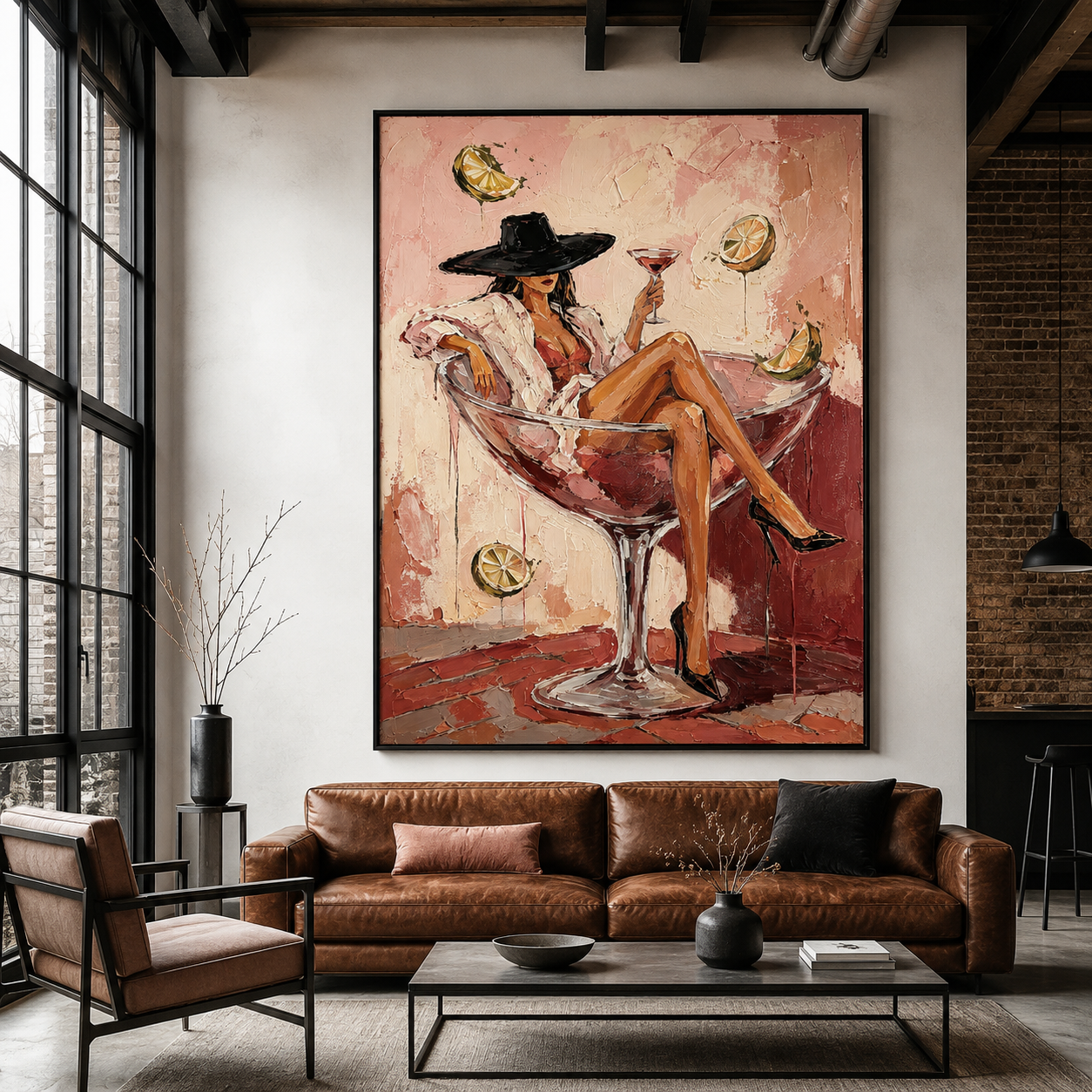 Pink martini wall art with fashionable woman and citrus accents