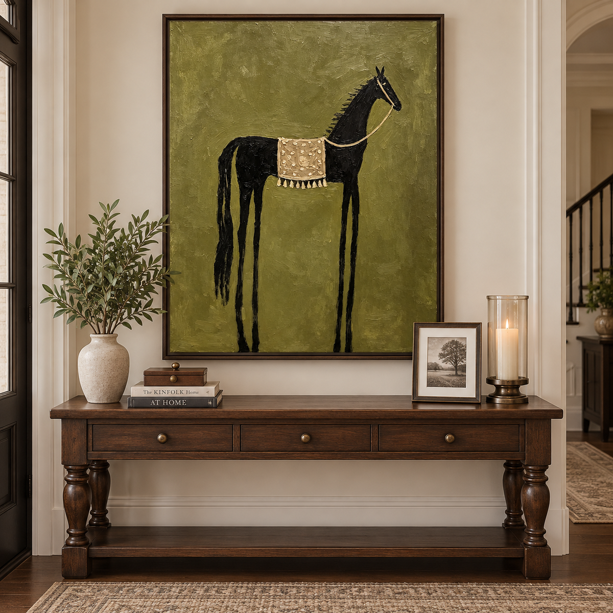 A tall black horse with a patterned cream saddle blanket on an olive green background, in an entryway.