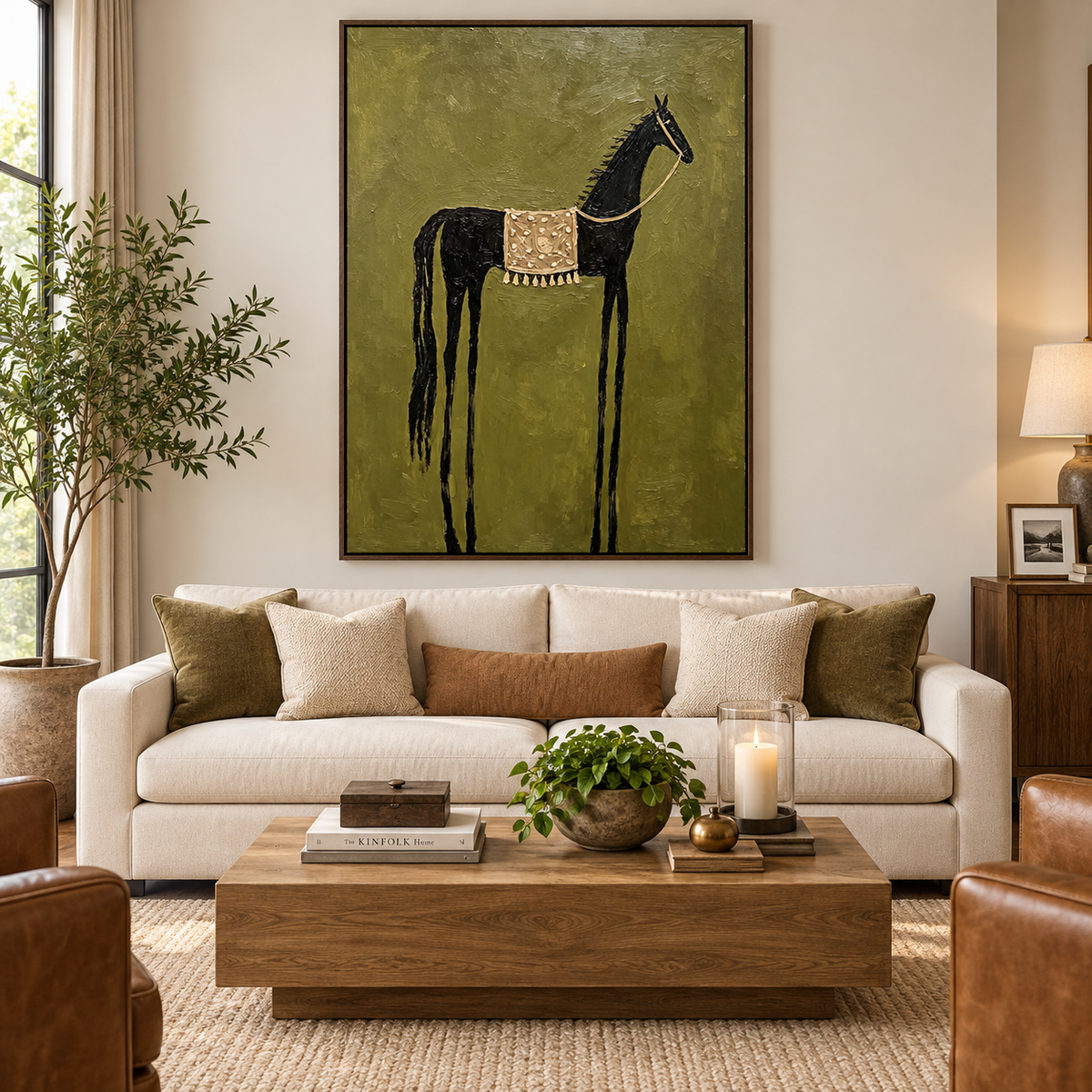 A tall black horse with a patterned cream saddle blanket on an olive green background, in a living room.
