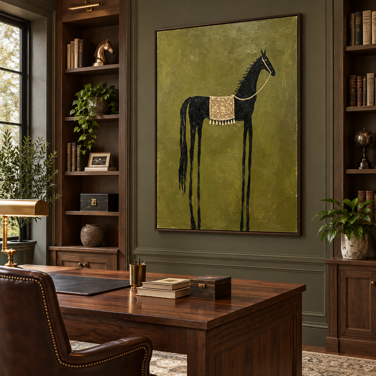 A tall black horse with a patterned cream saddle blanket on an olive green background, shown from an angle in a study.