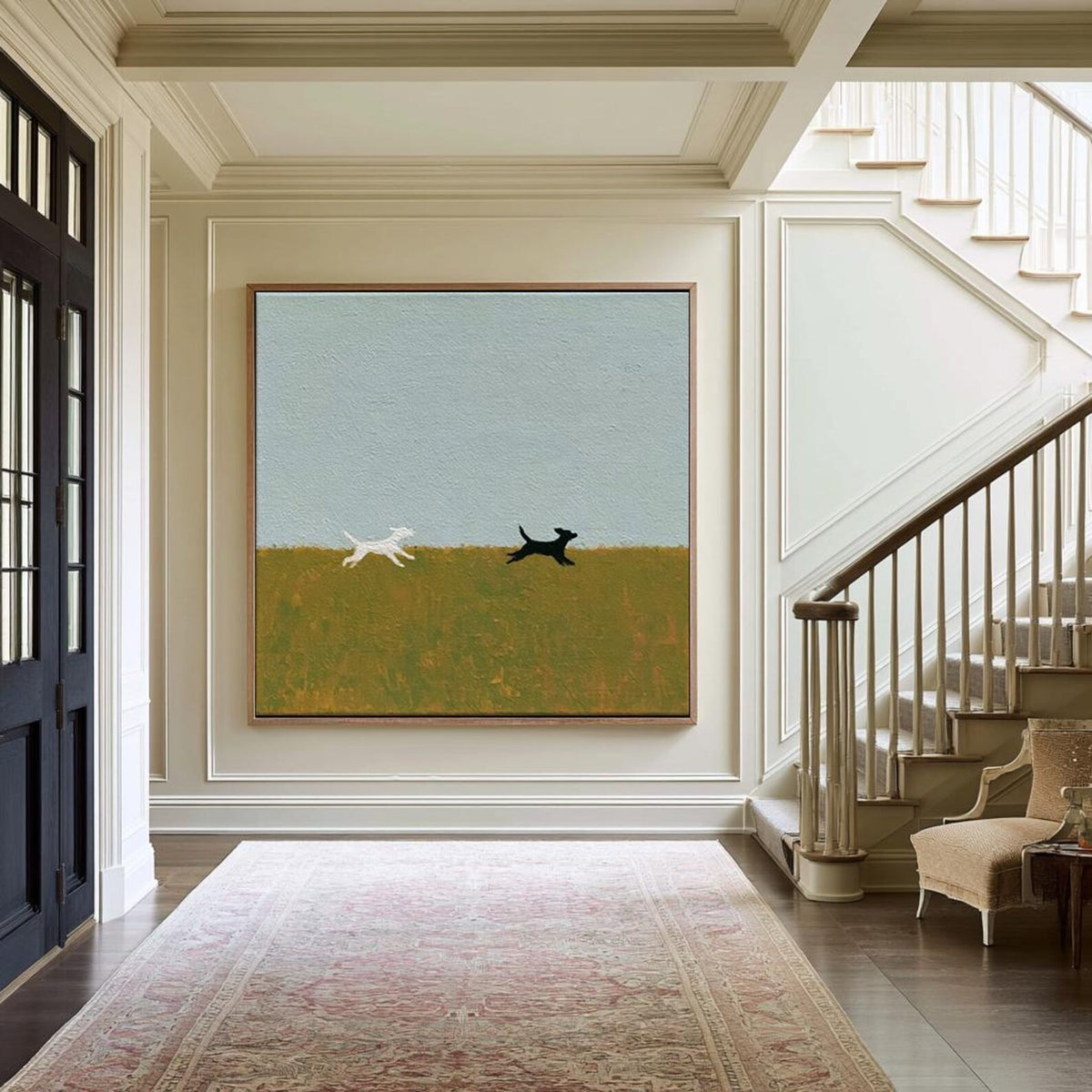 A white dog and a black dog running across an olive field beneath a large pale blue sky, shown in room setting 10.