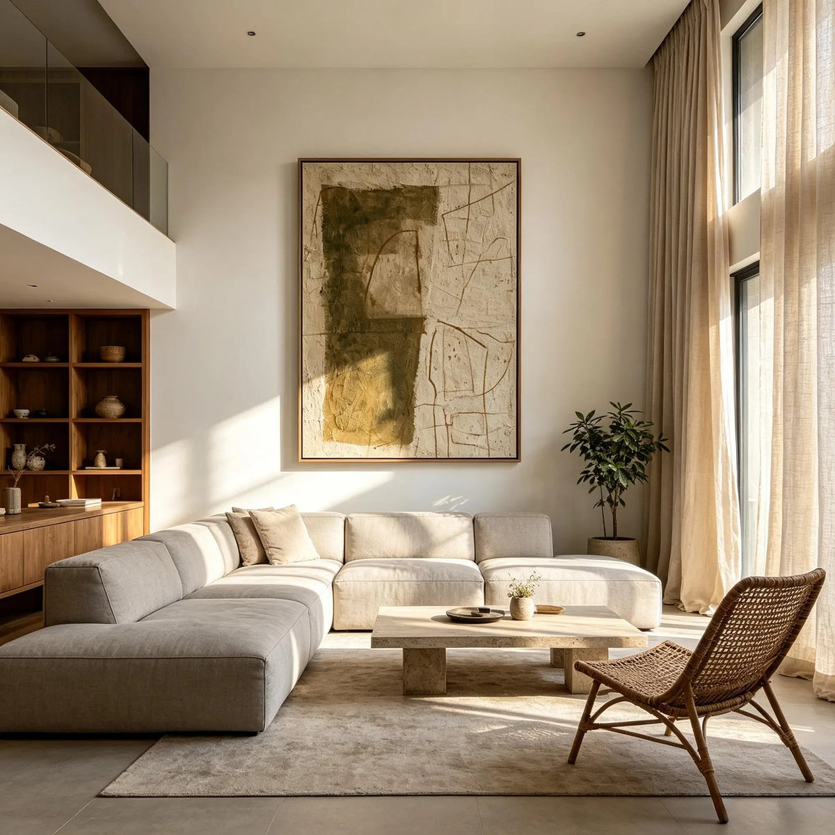 Olive green blocks and fine wandering lines across a warm beige vertical abstract composition, shown in room setting 1.